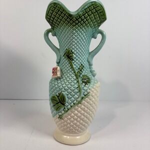 Ries Japan‎ Hand Decorated Vase, Aqua Blue Floral Lattice Weave Ceramic Decor